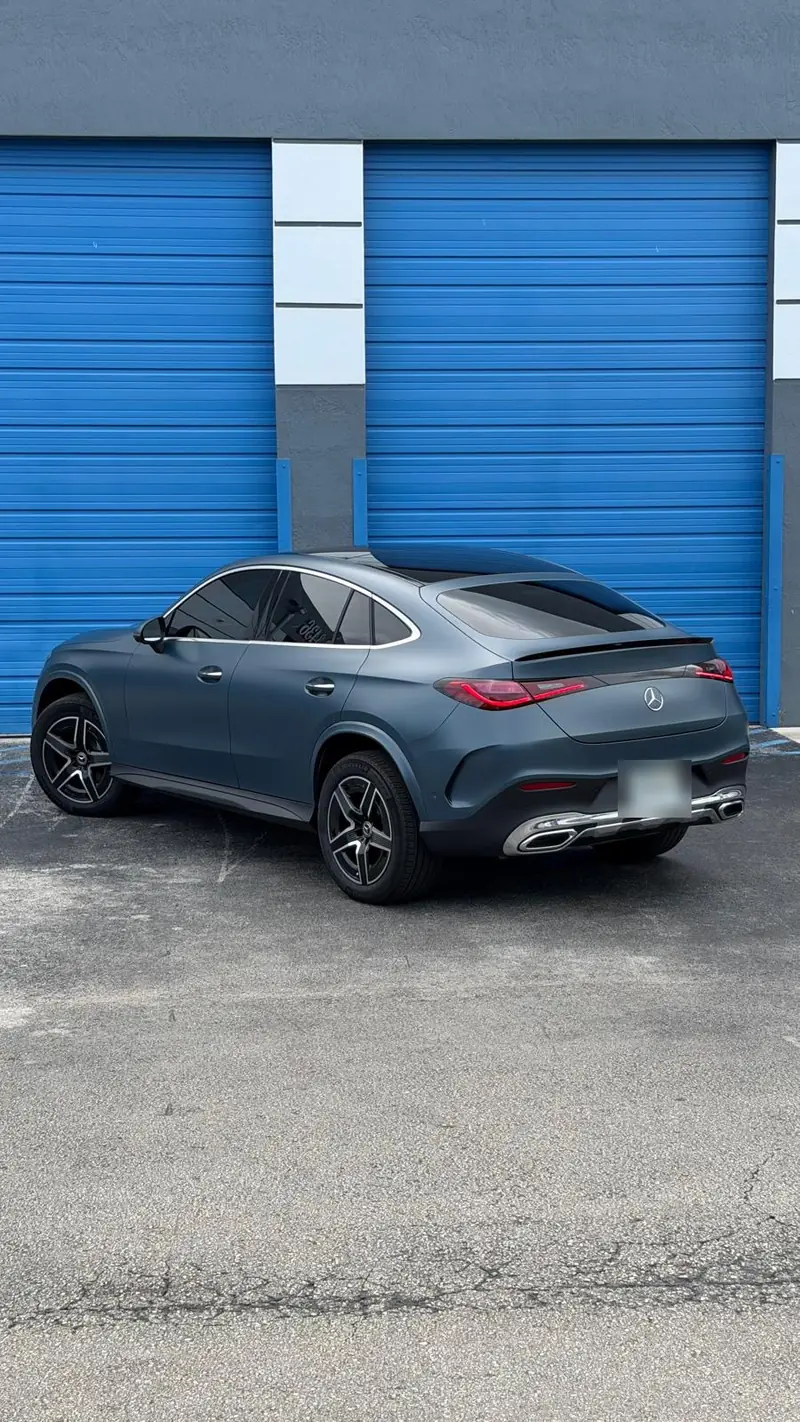 Rear view of a Mercedes GLC Coupe with a satin vinyl wrap